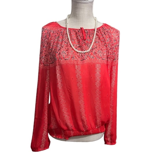 Lucky Brand Women Orange Floral Aztec Long Sleeve Peasant Top Sz M Boho Coverup - Picture 2 of 9